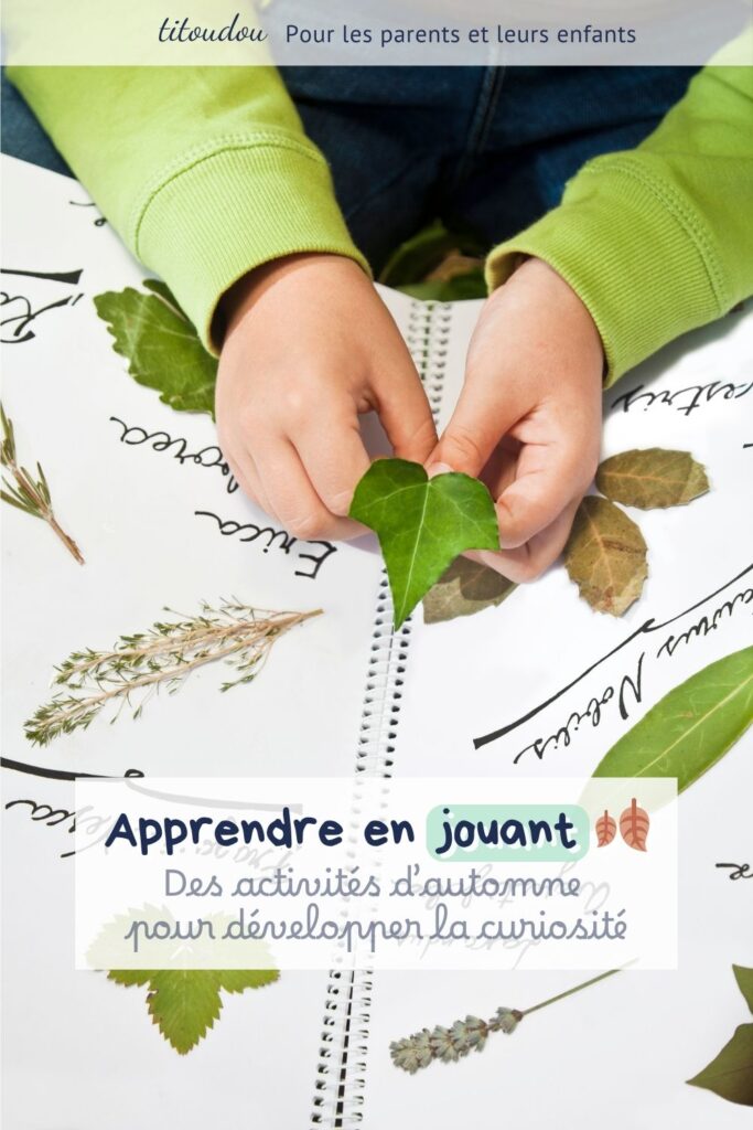 main d'enfant qui tient une feuille verte au dessus d'un herbier