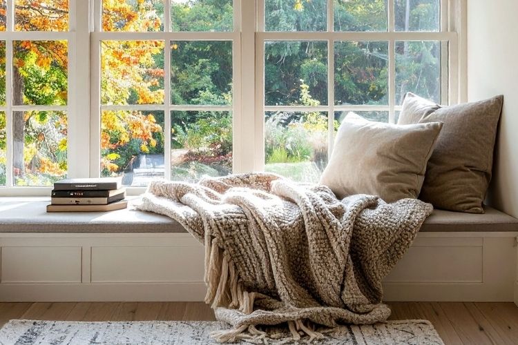 un coin lecture cosy avec coussins et plaid en automne