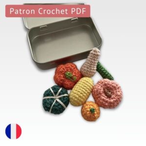 mini courges crochetées qui peuvent tenir dans la petite boîte en métal montrée à côté.