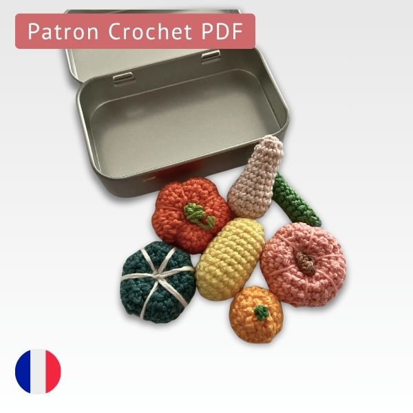 mini courges crochetées qui peuvent tenir dans la petite boîte en métal montrée à côté.